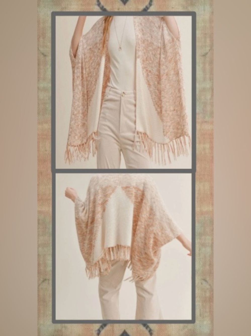 Sadie & Sage, Soft & Fringy Boho Cardi- Shawl/Cream & Blush Tan: Size S